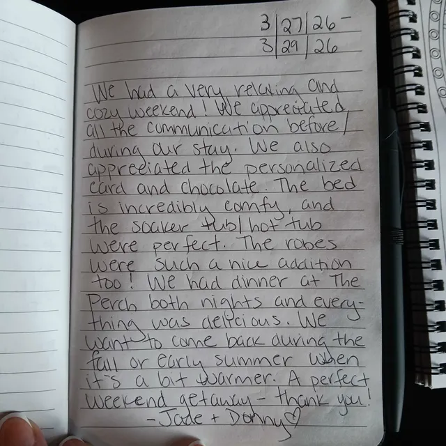 Handwritten guest journal page: 3/27/26 - 3/29/26 We had a very relaxing and cozy weekend! We appreciated all the communication befo