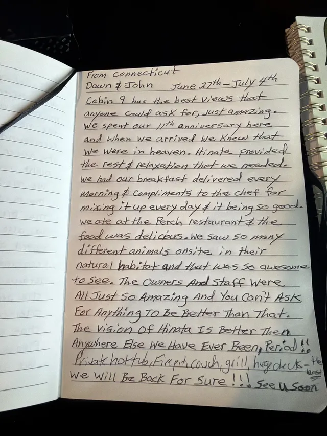 Handwritten guest journal page: From Connecticut Dawn & John June 27th - July 4th Cabin 9 has the best views that anyone could ask f