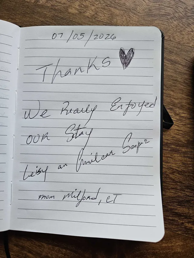 Handwritten guest journal page: 07/05/2026 Thanks ♡ We Really Enjoyed our Stay Emile & Sandra from Milford, CT