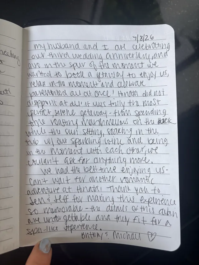 Handwritten guest journal page: 7/8/26 My husband and I are celebrating our third wedding anniversary, and also in the spur of the m