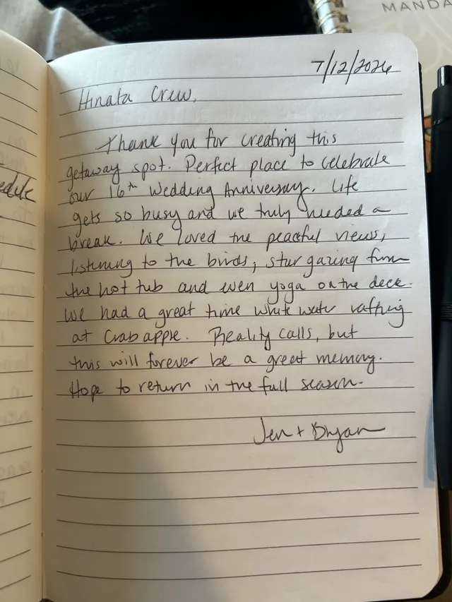Handwritten guest journal page: 7/12/2026 Hinata Crew, Thank you for creating this getaway spot. Perfect place to celebrate our 16th