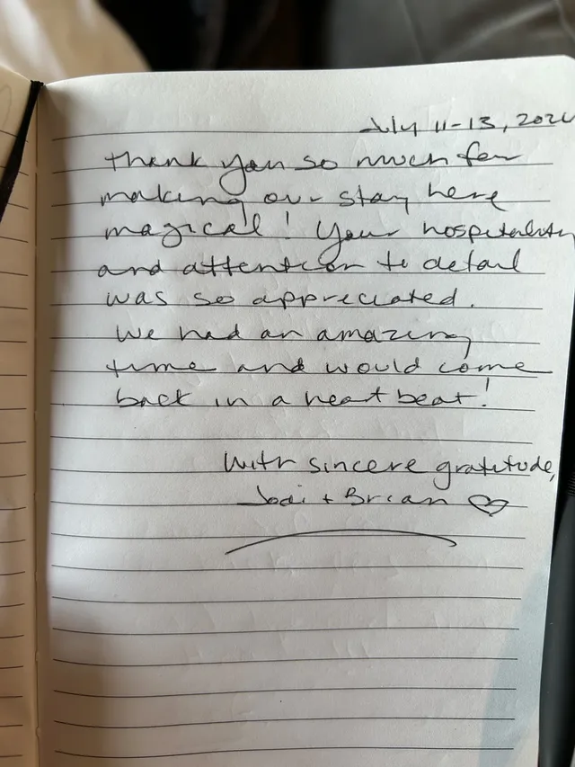 Handwritten guest journal page: July 11-13, 2026 Thank you so much for making our stay here magical! Your hospitality and attention 