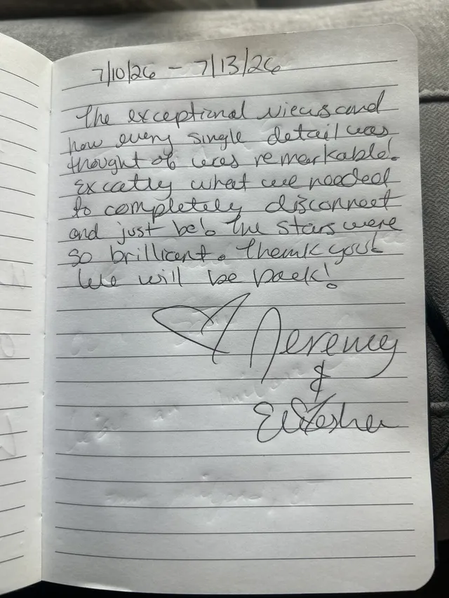 Handwritten guest journal page: 7/10/26 - 7/13/26 The exceptional views and how every single detail was thought of was remarkable. E