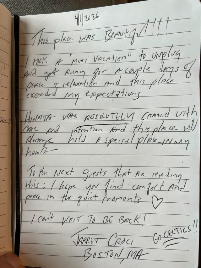 Handwritten guest journal page: 4/1/2026 This place was BEAUTIFUL!!!! I took a "mini vacation" to unplug and get away for a couple d
