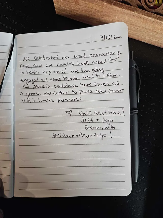 Handwritten guest journal page: 7/15/26 We celebrated our wood anniversary here, and we couldn't have asked for a better experience!
