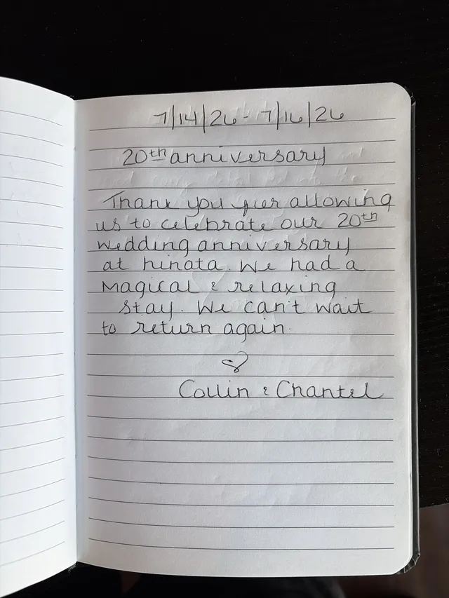 Handwritten guest journal page: 7/14/26 - 7/16/26 20th anniversary Thank you for allowing us to celebrate our 20th wedding anniversa