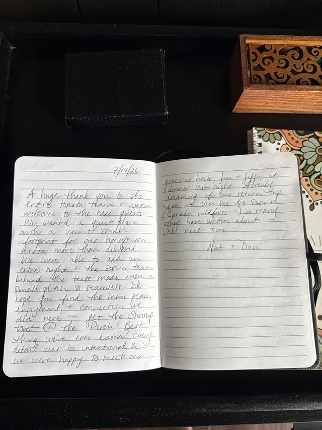 Handwritten guest journal page: 7/17/26 A huge thank you to the entire Hinata team + warm welcome to the next guests. We wanted a qu