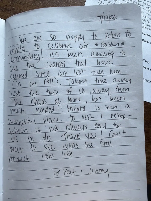 Handwritten guest journal page: 7/14/26 We are so happy to return to Hinata to celebrate our ♡Golden♡ anniversary! It's been amazing