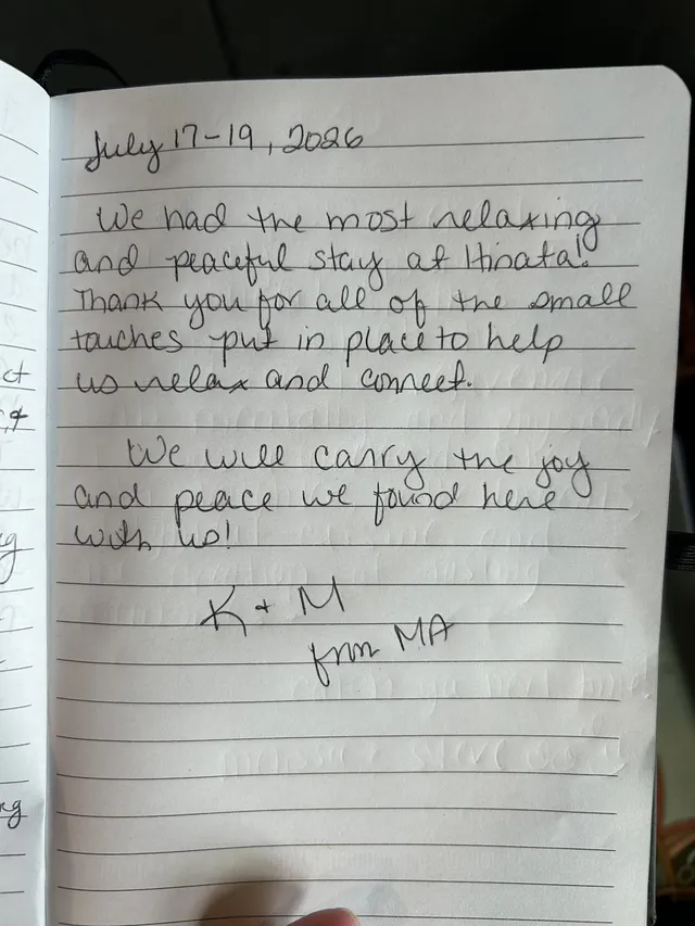 Handwritten guest journal page: July 17-19, 2026 We had the most relaxing and peaceful stay at Hinata! Thank you for all of the smal