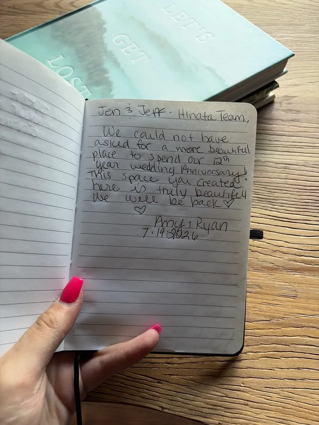 Handwritten guest journal page: Jen & Jeff + Hinata Team, We could not have asked for a more beautiful place to spend our 12th year 