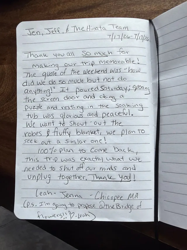 Handwritten guest journal page: Jen, Jeff, & The Hinata Team 7/17/26 - 7/19/26 Thank you all SO much for making our trip memorable! 