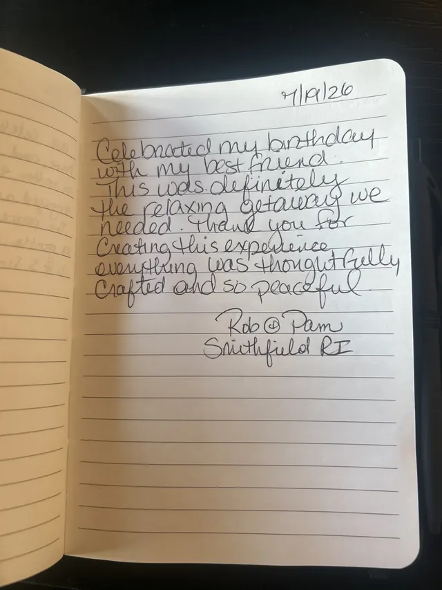 Handwritten guest journal page: 7/19/26 Celebrated my birthday with my best friend. This was definitely the relaxing getaway we need