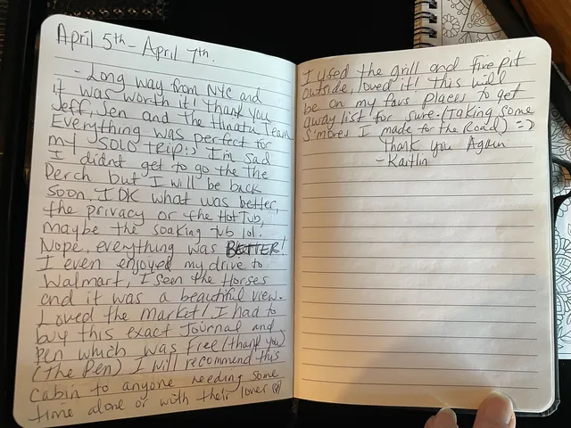 Handwritten guest journal page: April 5th - April 7th. - Long way from NYC and it was worth it! Thank you Jeff, Jen and the Hinata t