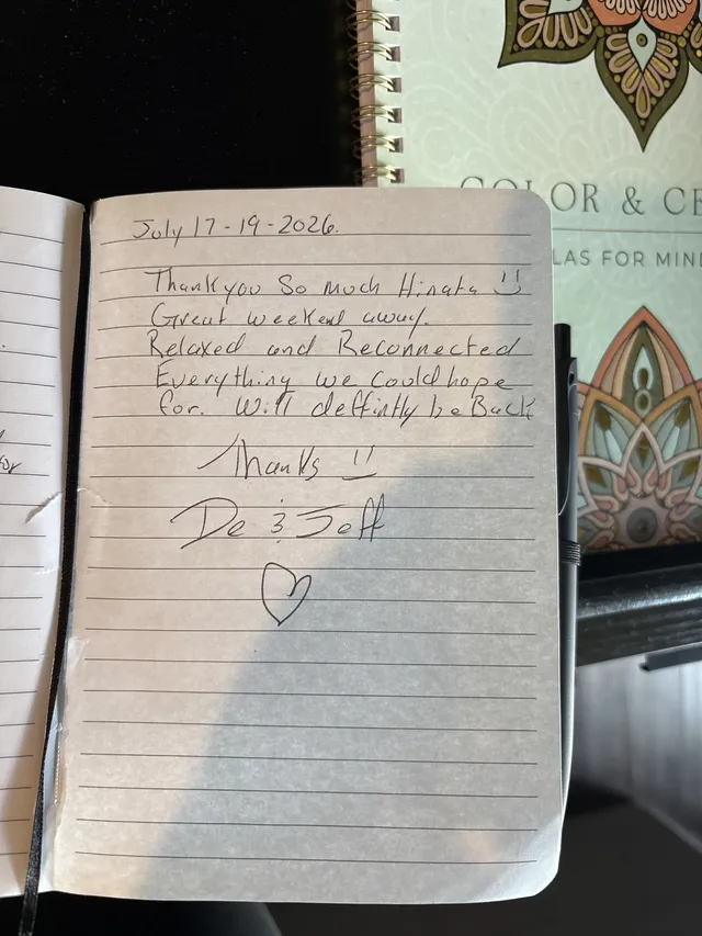 Handwritten guest journal page: July 17-19-2026. Thank you so much Hinata :) Great weekend away. Relaxed and Reconnected. Everything