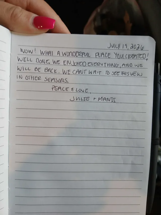 Handwritten guest journal page: July 19, 2026 Wow! What a wonderful place you created! Well done. We enjoyed everything, and we will