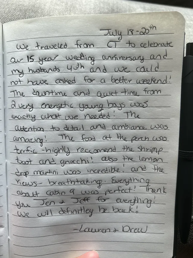 Handwritten guest journal page: July 18-20th We traveled from CT to celebrate our 15 year wedding anniversary and my husbands 40th a