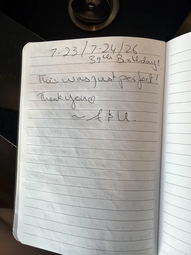 Handwritten guest journal page: 7-23/7-24/26 39th Birthday! This was just perfect! Thank you ♡ ~ Ale.