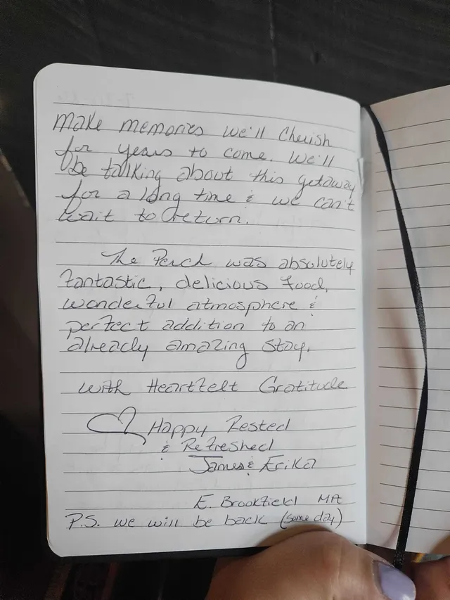 Handwritten guest journal page: make memories we'll cherish for years to come. We'll be talking about this getaway for a long time &