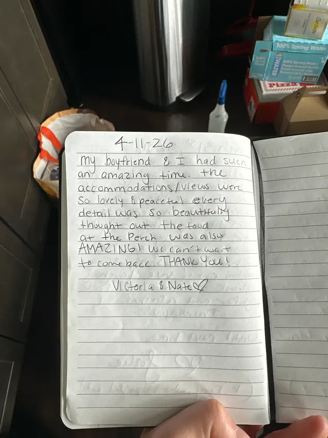 Handwritten guest journal page: 4-11-26 My boyfriend & I had such an amazing time. The accommodations/views were so lovely & peacefu