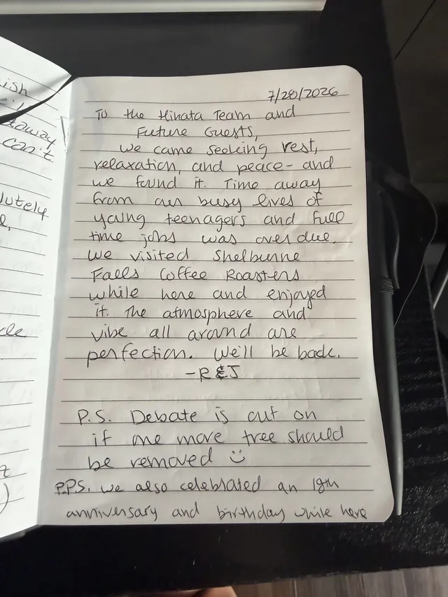 Handwritten guest journal page: 7/28/2026 To the Hinata Team and future Guests, We came seeking rest, relaxation, and peace - and we