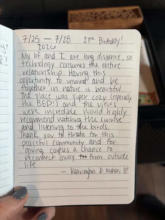 Handwritten guest journal page: 7/25 — 7/28 2026 27th Birthday! My bf and I are long distance, so technology consumes the entire rel