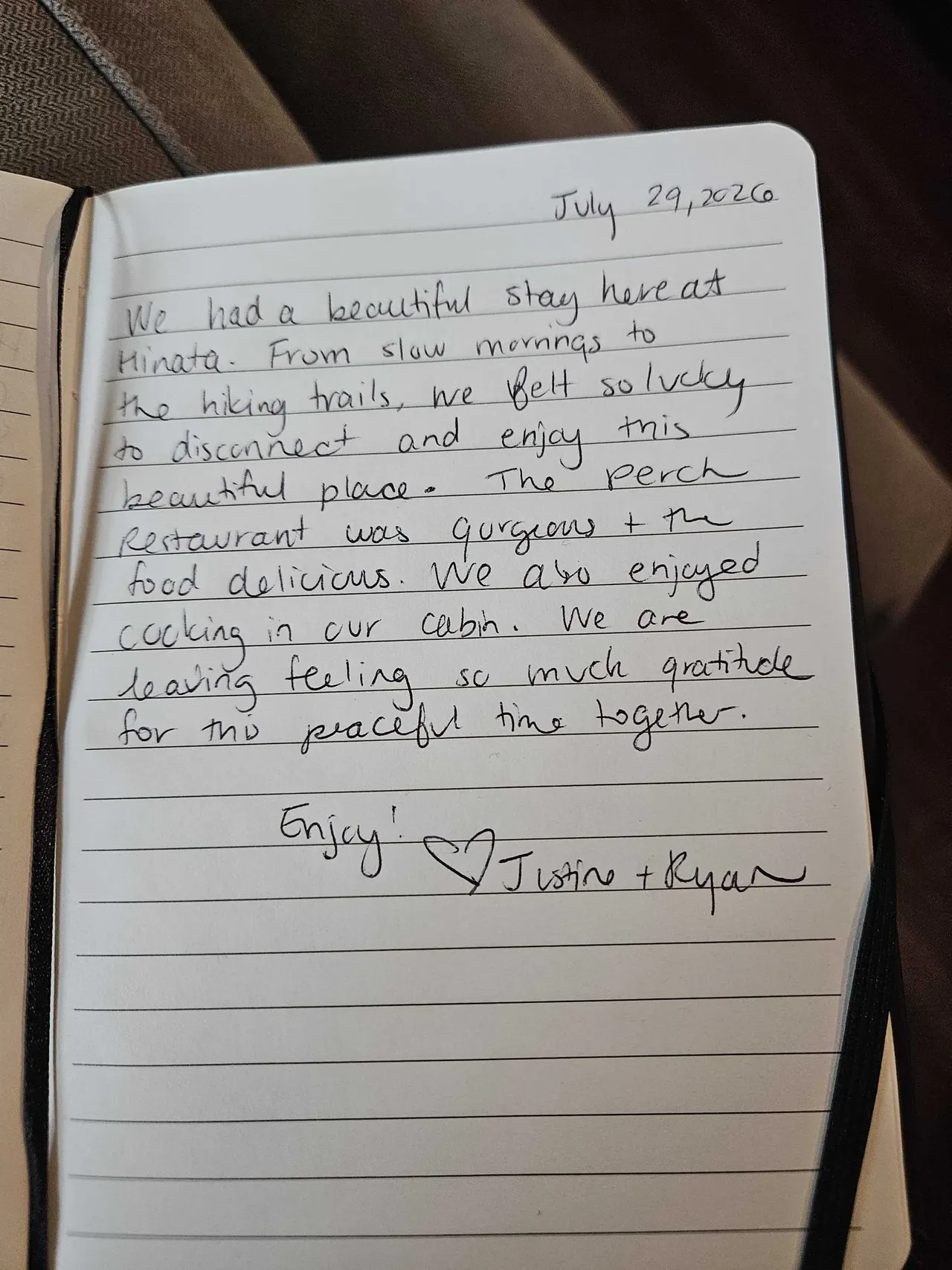 Handwritten guest journal page: July 29, 2026 We had a beautiful stay here at Hinata. From slow mornings to the hiking trails, we fe