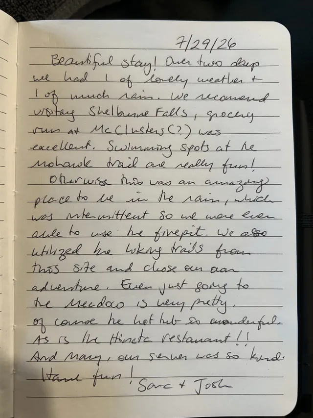 Handwritten guest journal page: 7/29/26 Beautiful stay! Over two days we had 1 of lovely weather + 1 of much rain. We recommend visi