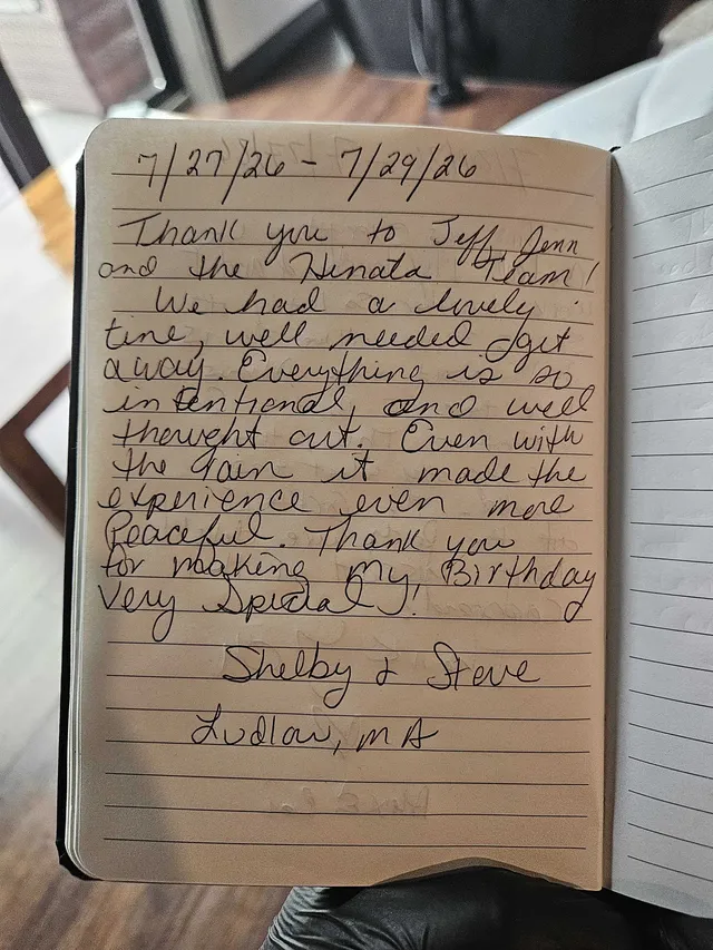 Handwritten guest journal page: 7/27/26 - 7/29/26 Thank you to Jeff, Jenn and the Hinata Team! We had a lovely time, well needed get