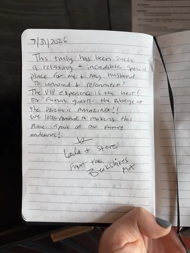 Handwritten guest journal page: 7/31/2026 This truly has been such a relaxing + incredible special place for me + my husband to unwi