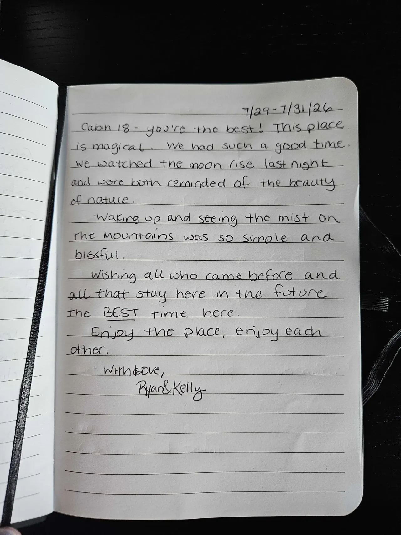 Handwritten guest journal page: 7/29-7/31/26 Cabin 18 - you're the best! This place is magical. We had such a good time. We watched