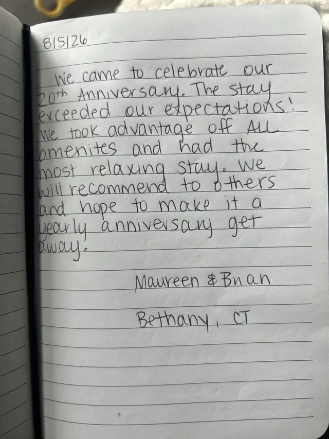 Handwritten guest journal page: 8/5/26 We came to celebrate our 20th Anniversary. The stay exceeded our expectations! We took advant