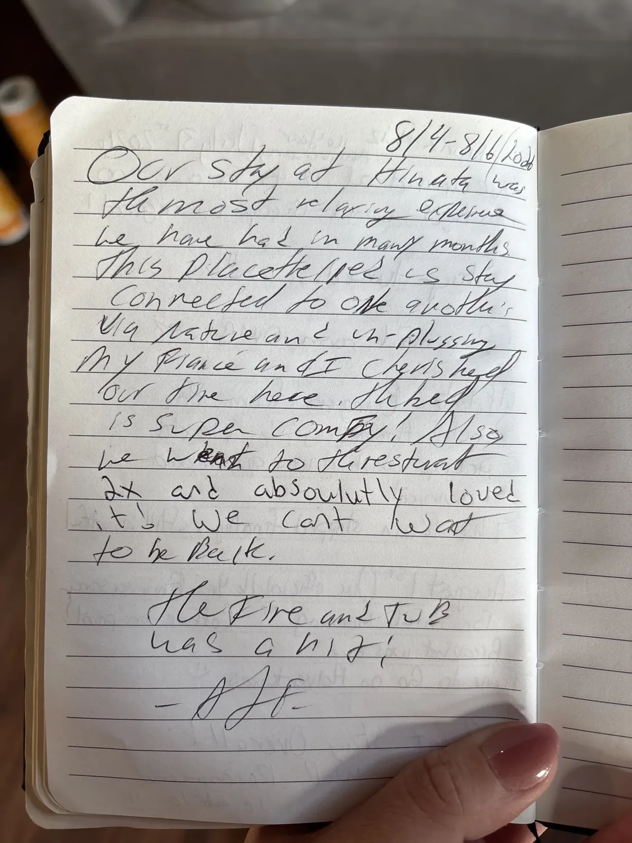 Handwritten guest journal page: 8/4-8/6/2026 Our stay at Hinata was the most relaxing experience we have had in many months. This pl