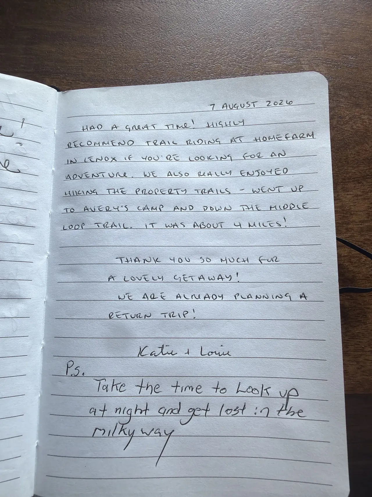 Handwritten guest journal page: 7 AUGUST 2026 HAD A GREAT TIME! HIGHLY RECOMMEND TRAIL RIDING AT HOME FARM IN LENOX IF YOU'RE LOOKIN