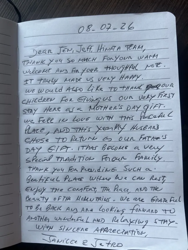 Handwritten guest journal page: 08-07-26 Dear Jen, Jeff, Hinata Team, Thank you so much for your warm welcome and for your thoughtfu