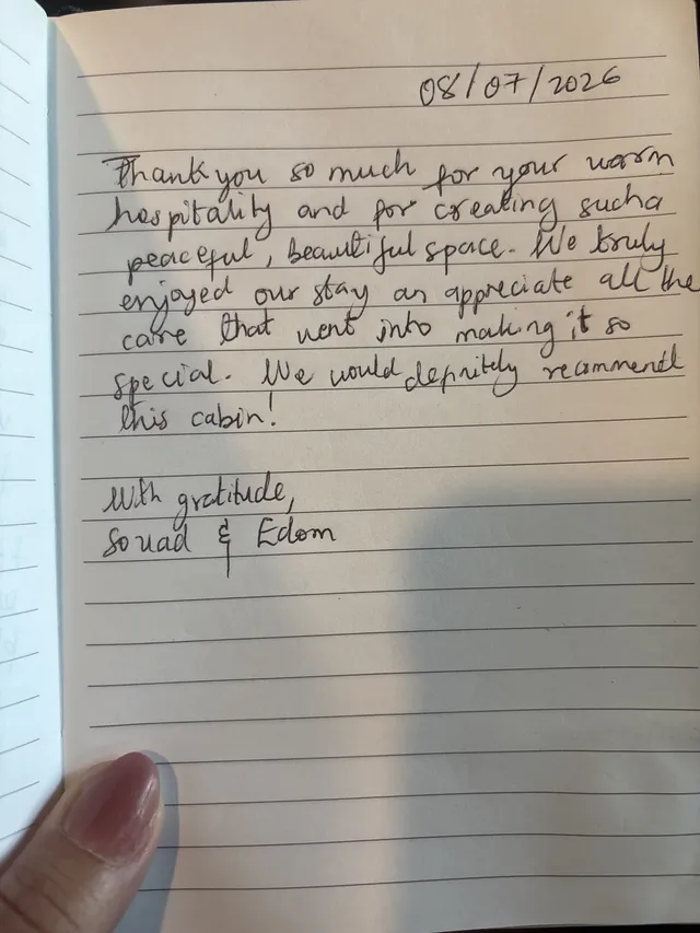 Handwritten guest journal page: 08/07/2026 Thank you so much for your warm hospitality and for creating such a peaceful, beautiful s