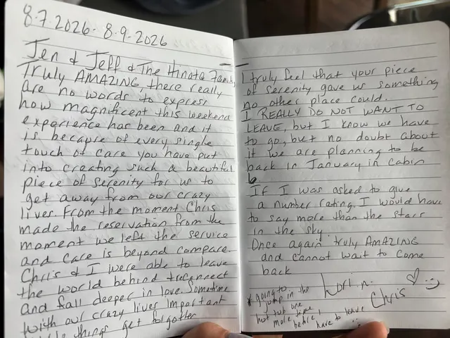 Handwritten guest journal page: 8.7.2026 - 8.9.2026 Jen & Jeff & The Hinata Family, Truly AMAZING, there really are no words to expr