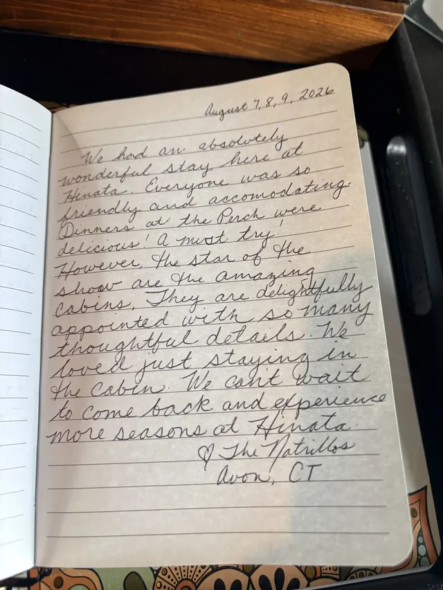 Handwritten guest journal page: August 7, 8, 9, 2026 We had an absolutely wonderful stay here at Hinata. Everyone was so friendly an