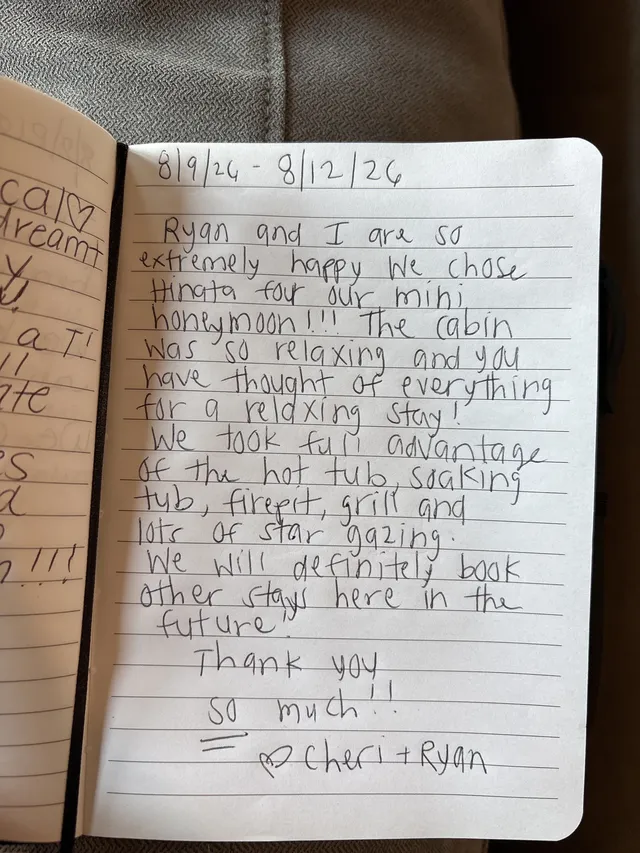 Handwritten guest journal page: 8/9/26 - 8/12/26 Ryan and I are so extremely happy we chose Hinata for our mini honeymoon!!! The cab