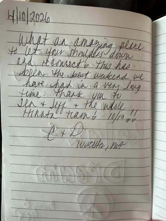 Handwritten guest journal page: 4/10/2026 What an amazing place to let your shoulders down and reconnect. This has been the best wee