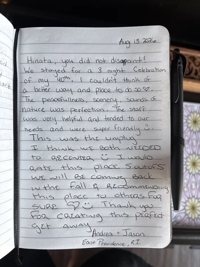 Handwritten guest journal page: Aug 13 2026 Hinata, you did not disappoint! We stayed for a 3 night Celebration of my 40th. I couldn