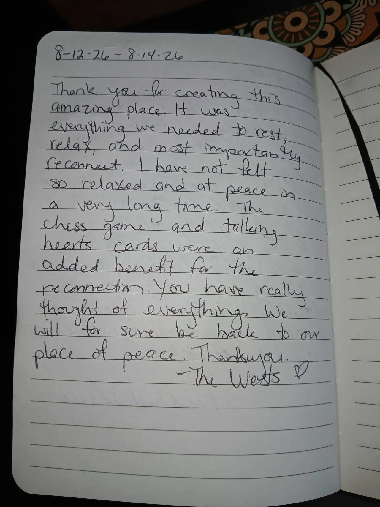 Handwritten guest journal page: 8-12-26 - 8-14-26 Thank you for creating this amazing place. It was everything we needed to rest, re