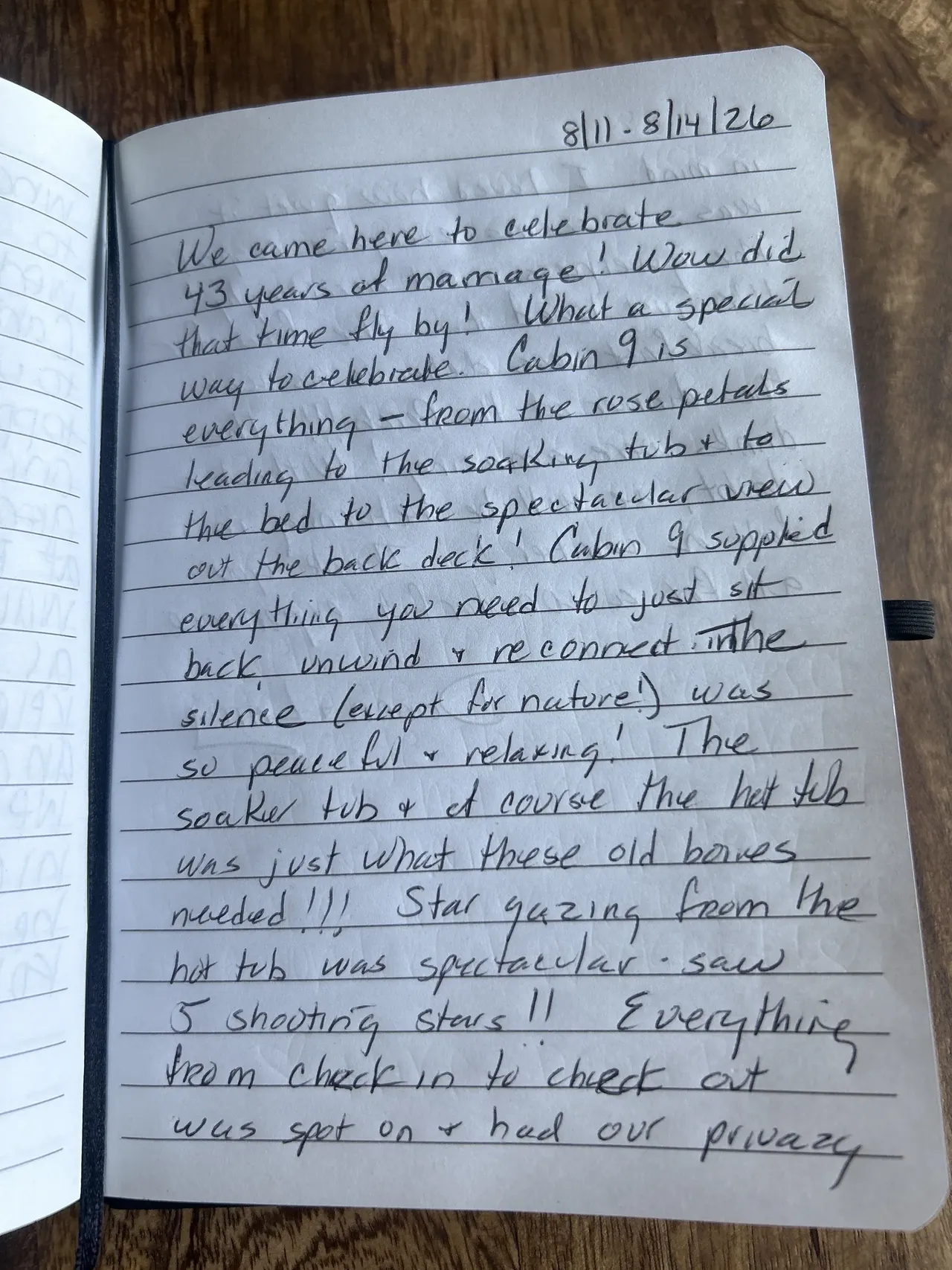 Handwritten guest journal page: 8/14/26 We had a wonderful Stay! This place is truly designed for couples to relax and reconnect. Ju