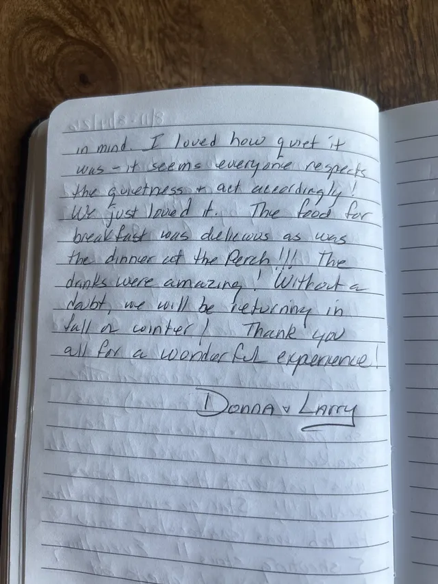 Handwritten guest journal page: 8/11/26 - 8/14 We just loved how quiet it was - it seems everyone respects the quietness + act accor