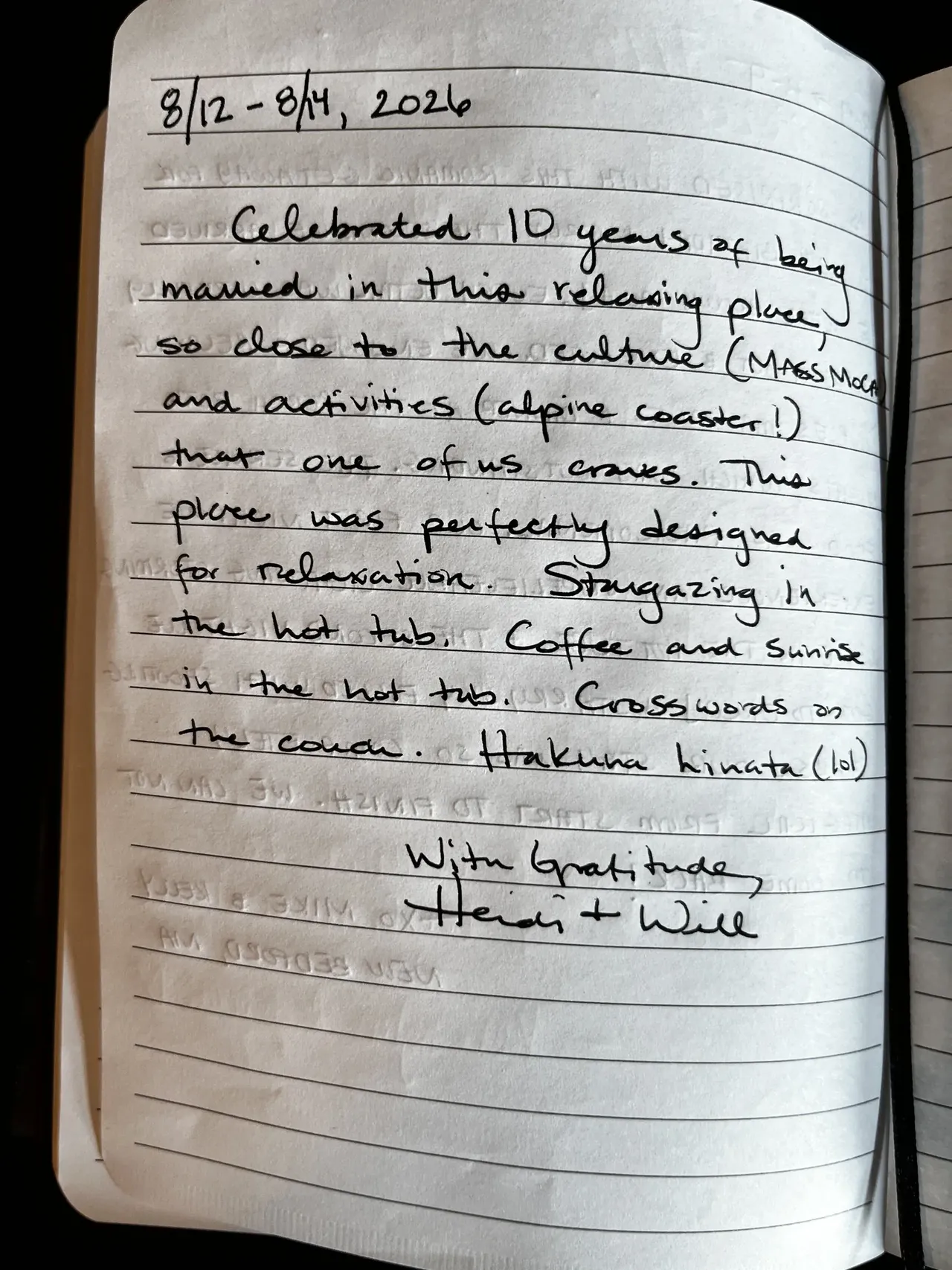 Handwritten guest journal page: 8/12-8/14/26 in mind. I loved how quiet it was - it seems everyone respects the quietness + act acco