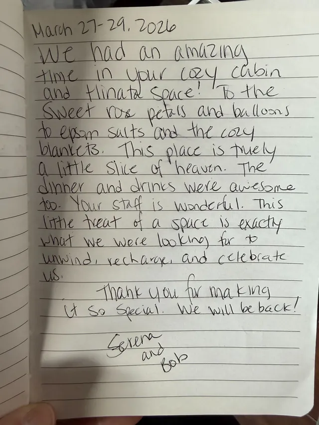 Handwritten guest journal page: March 27-29, 2026 We had an amazing time in your cozy cabin and Hinata space! To the sweet rose peta