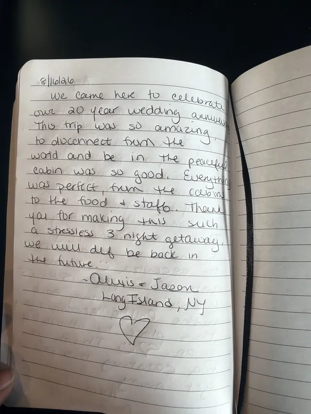 Handwritten guest journal page: 8/16/26 We came here to celebrate our 20 year wedding anniversary This trip was so amazing, to disco