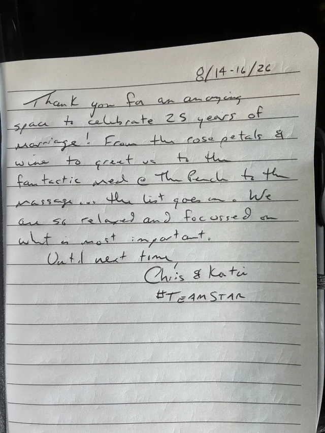 Handwritten guest journal page: 8/14-16/26 Thank you for an amazing space to celebrate 25 years of marriage! From the rose petals & 