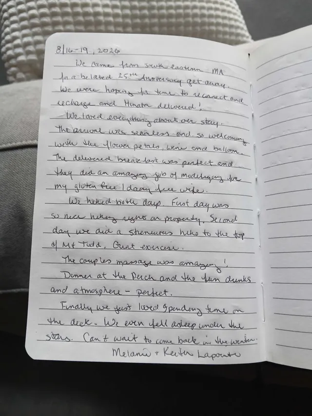 Handwritten guest journal page: 8/16-19, 2026 We came from south eastern MA for a belated 25th Anniversary get-away. We were hoping 