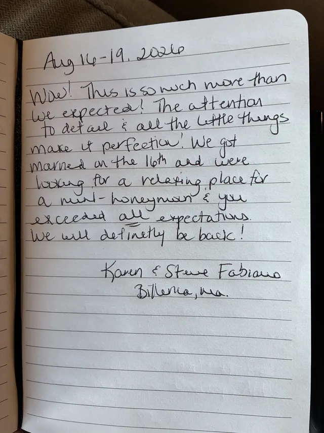 Handwritten guest journal page: Aug 16-19, 2026 Wow! This is so much more than we expected! The attention to detail & all the little