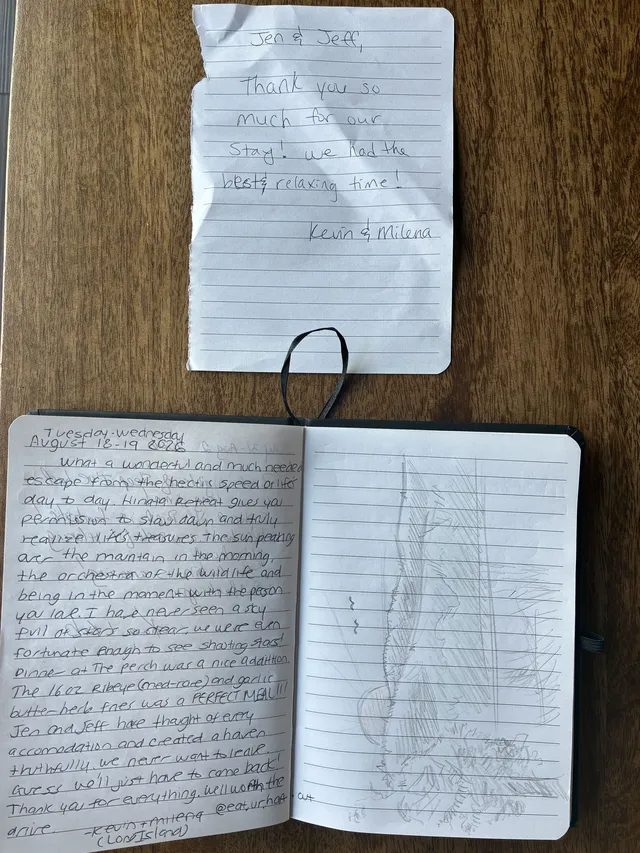 Handwritten guest journal page: Jen & Jeff, Thank you so much for our stay! We had the best relaxing time! Kevin & Milana